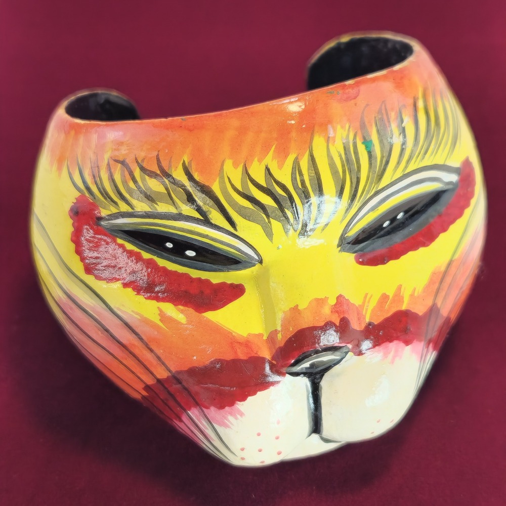 Vintage Indonesian Hand Painted Wood Cat Face Wide Cuff Bracelet 3D Figural